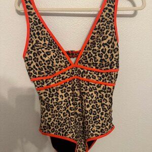 Glitter Leopard Contrast Piping Plunging One-Piece